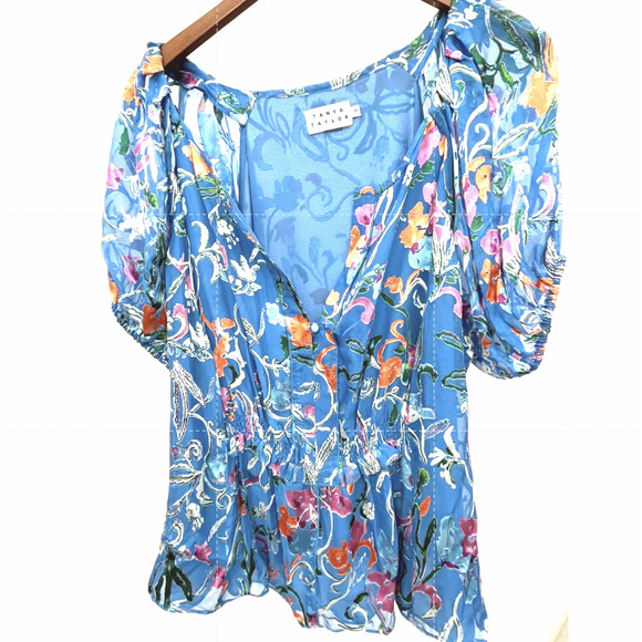 Tanya Taylor | Silk Blue Floral Puff Sleeve Top NWOT Sz 20 - Picture 3 of 8